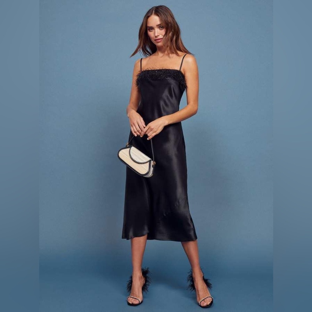 Reformation black silk dress with feather detail